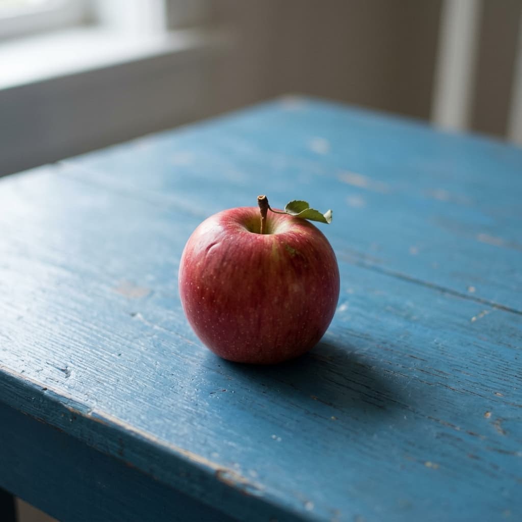 Red apple on a blue wooden table in natural window light