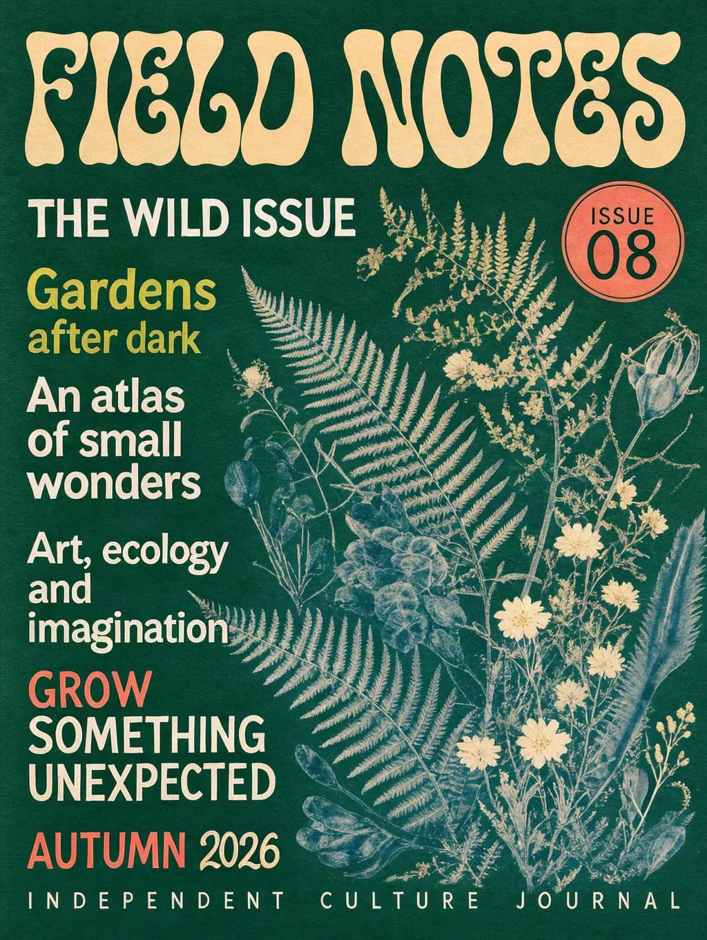 FIELD NOTES botanical magazine cover with cream lettering and fern illustrations