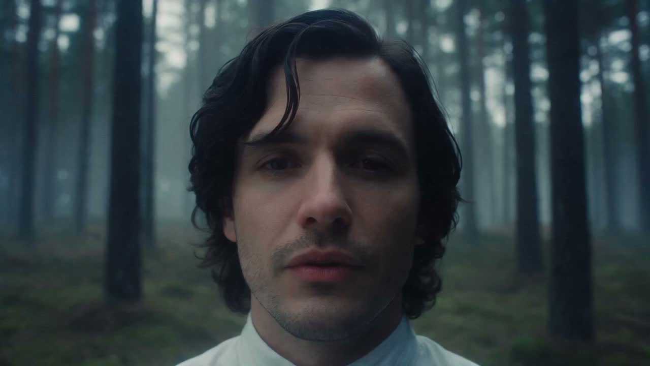 A dark-haired man speaks in a misty forest