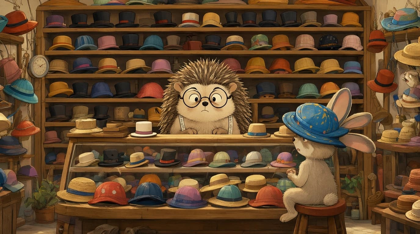A hedgehog fits a rabbit with a hat