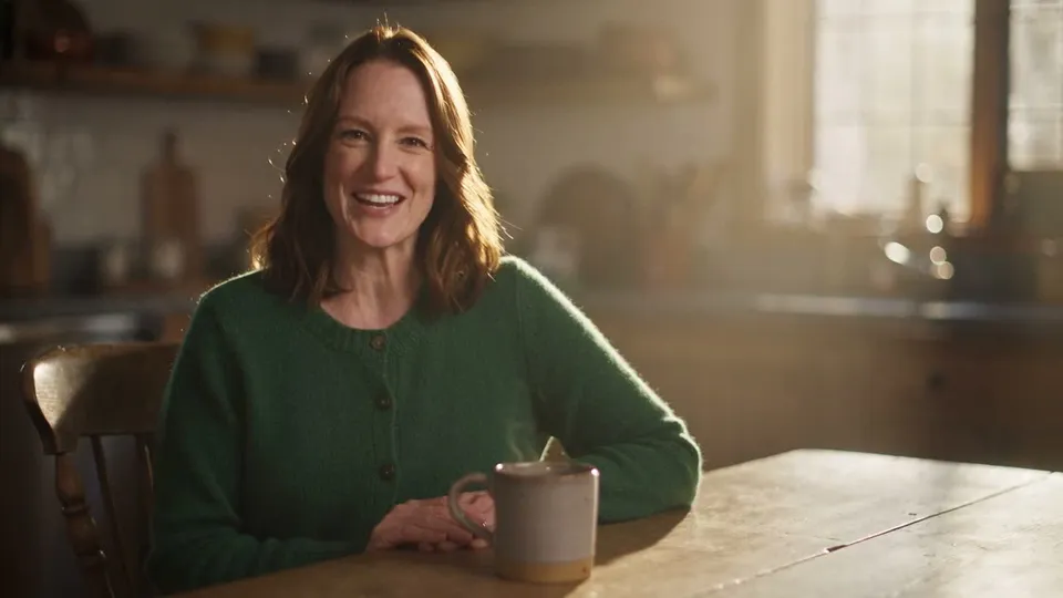 A woman introduces a vegetable soup recipe in Spanish from her kitchen table