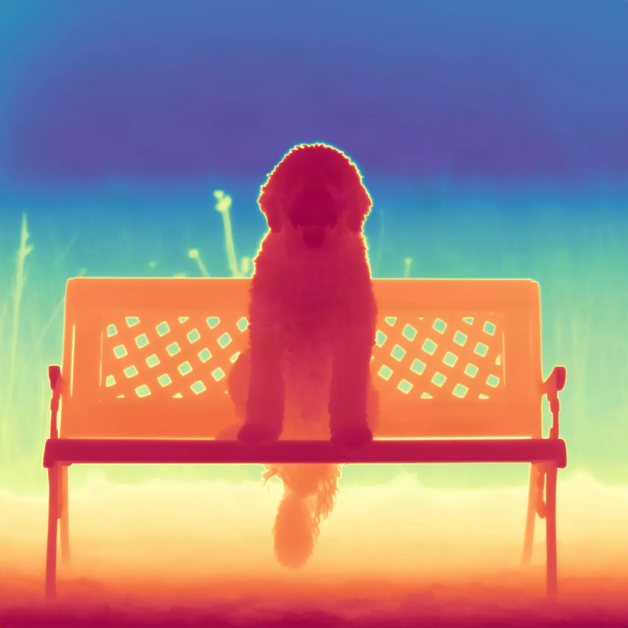Colorized depth map of a dog sitting on a park bench