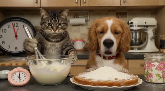 A parrot and a dog bake a cake
