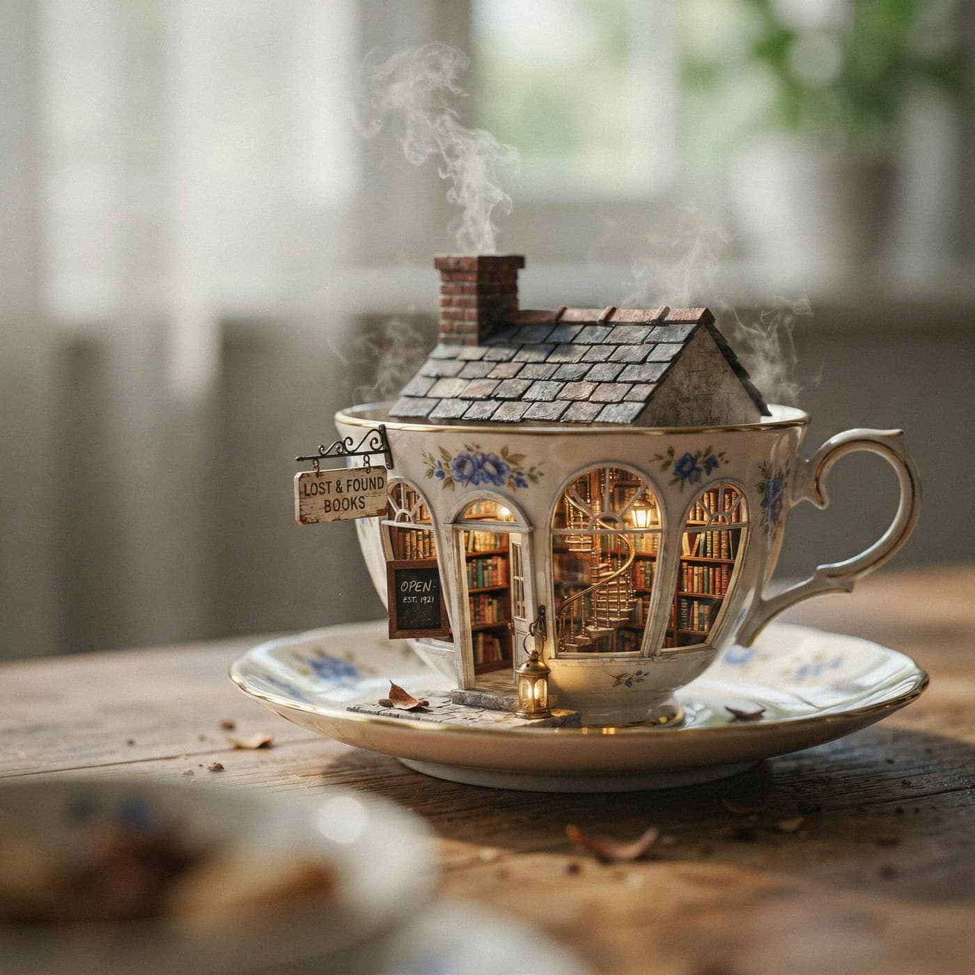 Official Ideogram V4.5 example: a miniature bookshop inside a porcelain teacup
