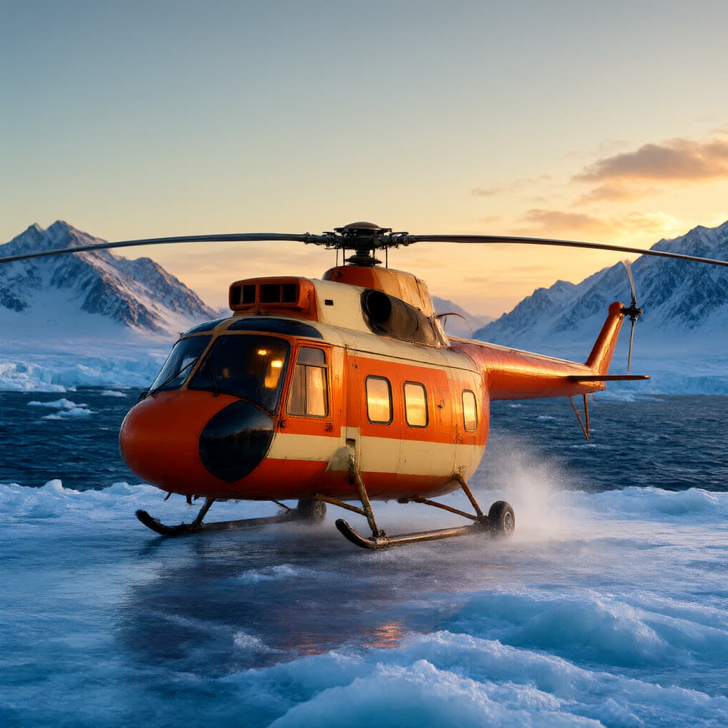 Orange rescue helicopter on an Arctic ice shelf at twilight