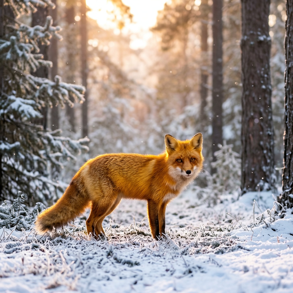 Cinematic fox portrait in snowy pine forest at sunrise