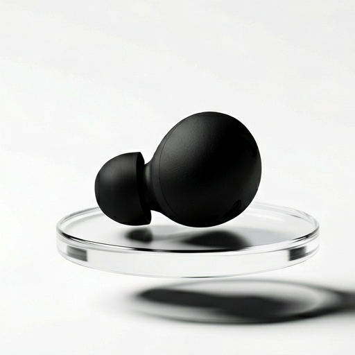 Minimalist wireless earbuds product photo on glass pedestal
